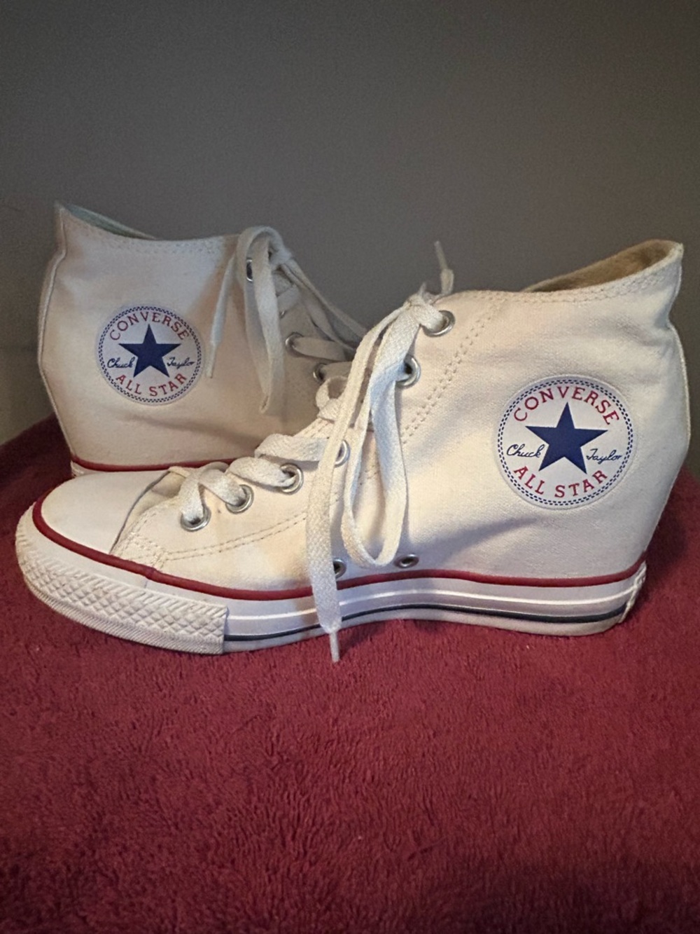 Converse White High Top Chuck Taylor Sneakers with Red & Blue Trim